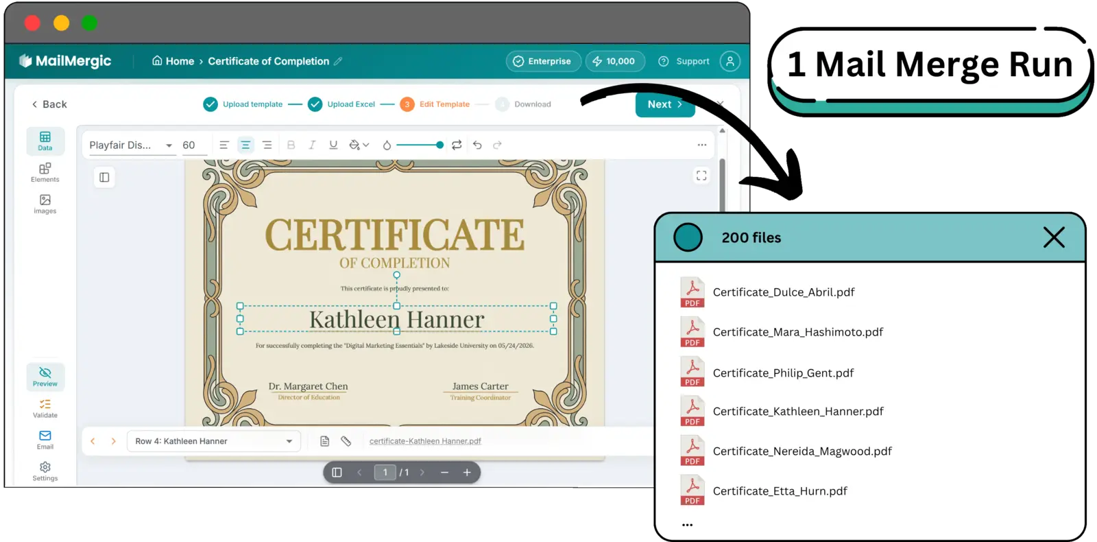 MailMergic generating hundreds of personalized PDF certificates from one spreadsheet